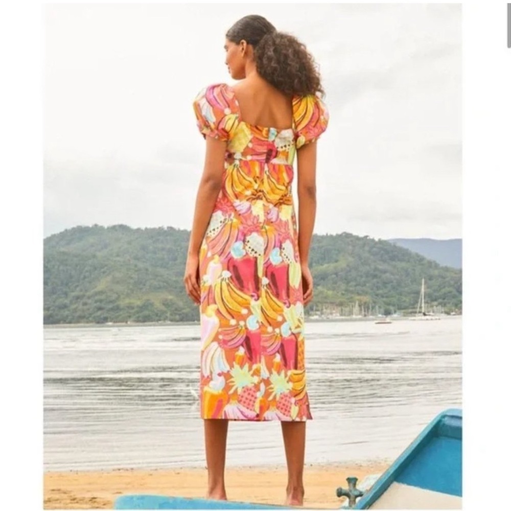 NWT FARM Rio Fruit Salad MIDI Dress Fruit Print with Puff Sleeves Size Large - Picture 13 of 16